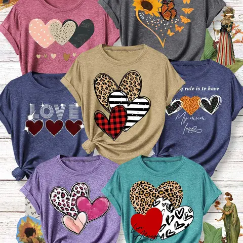 Women's 7-Piece Crew Neck T-Shirt Set, Leopard Print Heart & Sunflower Series Print, Multiple Colors Available, Machine Washable Spring & Summer Top, Soft Skin-Friendly Fabric, Daily Versatile, Graphic Casual Top, Fashion Design, Womenswear