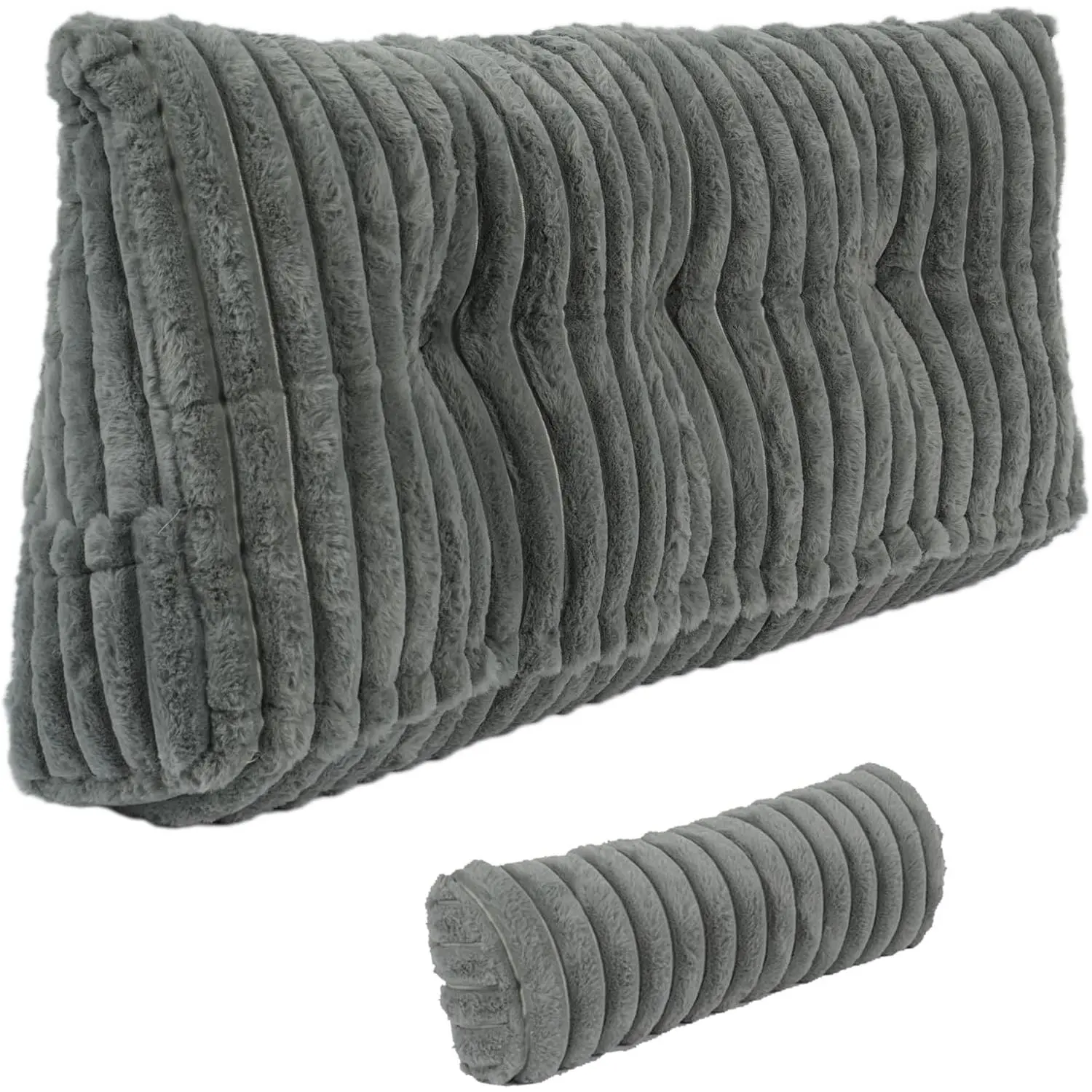 Headboard Pillow Twin, Triangular Wedge Pillow Faux Fur Backrest Pillow for Sitting in Bed, Reading or Working with 2 Pack Neck Bolster Pillows Removable Cover (Grey, Twin: 39x8x20 Inches)