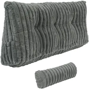 Headboard Pillow Twin, Triangular Wedge Pillow Faux Fur Backrest Pillow for Sitting in Bed, Reading or Working with 2 Pack Neck Bolster Pillows Removable Cover (Grey, Twin: 39x8x20 Inches)