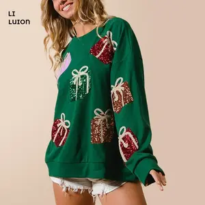 Women's Sequin Christmas Sweatshirt Loose  Present Box Crew Neck Long Sleeve Pullover Tops Casual Streetwear