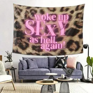Tapestry  Sexy Wake Up" Leopard Print Wall Tapestry - Durable Polyester, Lightweight & Easy To Hang, Perfect For Living Room, Bedroom, Office Decor, Ideal Gift For Friends & Family, Party Decoration | Playful Text Design | Velvety Texture,
