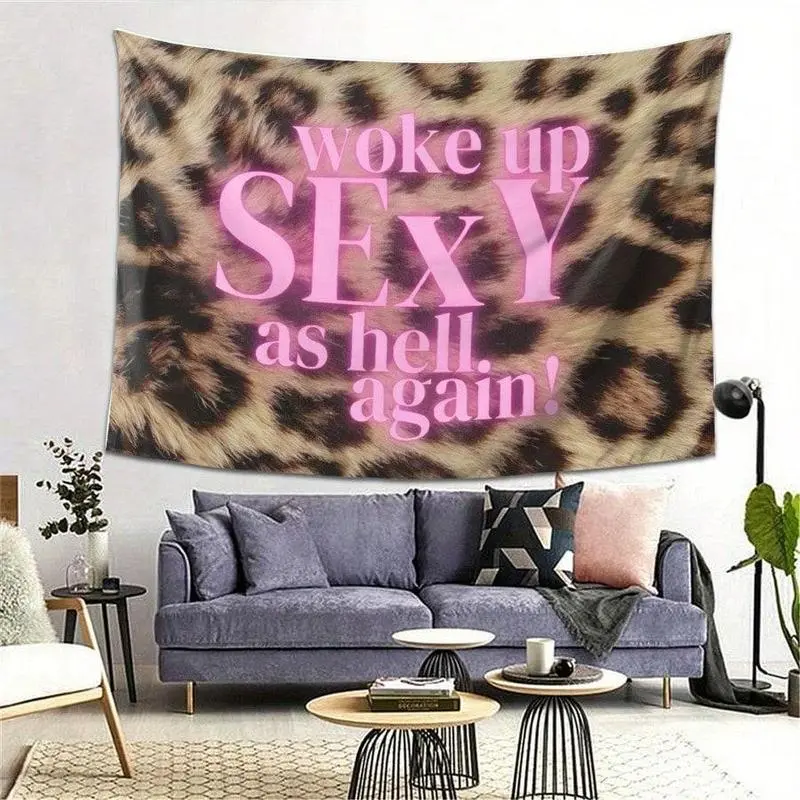 Leopard Print Velvety "Sexy Wake Up" Text Wall Tapestry - Durable Polyester, Lightweight, Easy To Hang, Fantasy Aesthetic Casual Home Decor, Love-Focused Valentine's Day Gift, Ideal For College Dorm, Living Room