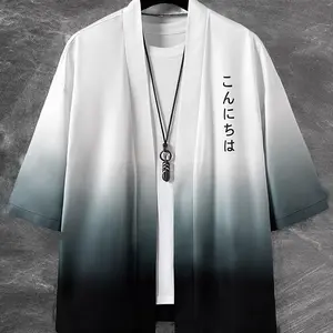 Men's Loose Ombre Kimono with Japanese Letter Graphic, Casual Style, Moderate Fabric, Perfect Gift for Boyfriend, Summer Wear
