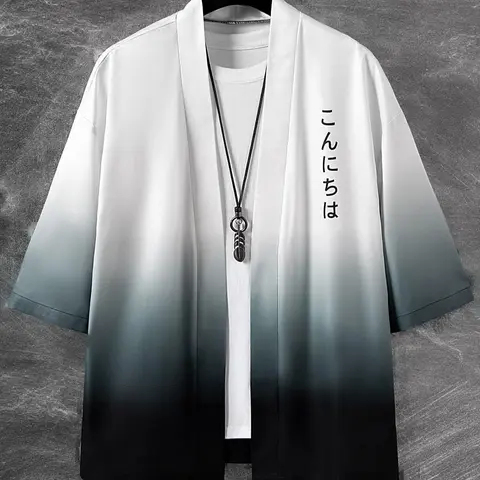 Men's Short Sleeve Loose Ombre Traditional Kimono with Japanese Letter Graphic, Casual Style, Fashion, Moderate Fabric, Perfect Gift for Boyfriend, Summer Wear, Menswear, Traditional Clothing, Clothes