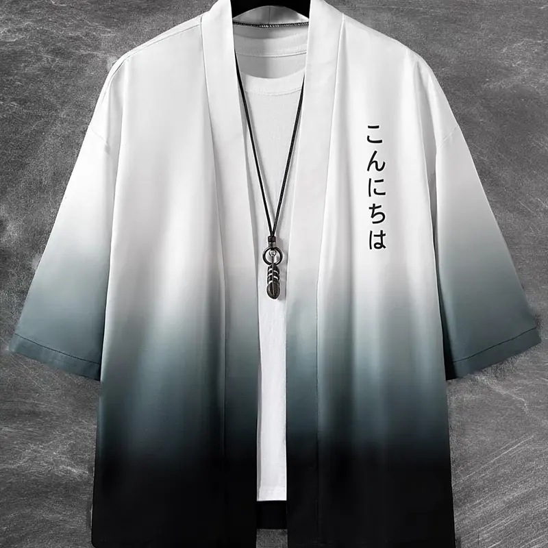Men's Short Sleeve Loose Ombre Traditional Kimono with Japanese Letter Graphic, Casual Style, Fashion, Moderate Fabric, Perfect Gift for Boyfriend, Summer Wear, Menswear, Traditional Clothing, Clothes