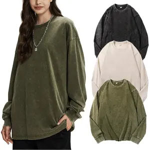 Oversized Tshirts for Women Cotton Long Sleeve Shirts Acid Wash Baggy Tees Vintage T Shirt Streetwear