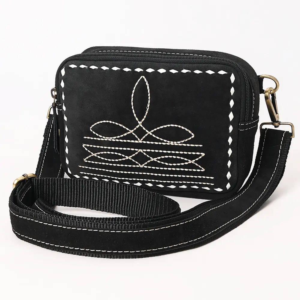 American Darling Boot Stitched Suede Leather Camera Bag Genuine Western Crossbody Purse with YKK Zipper