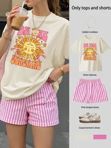 Vintage American Hippie Style Sun Theme Print Women's Short Sleeve Top + Striped Shorts Two-Piece Set