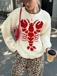 Women's Casual Loose Lobster Pattern Sweater, Fall Winter Solid Color Round Neck Long Sleeve Knit Pullover, Knit Pullover Top, Comfortable and Stylish