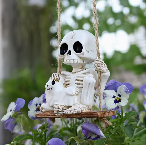 Resin Decorative Hanging Skeleton Statue with Cat Pendant & Spring, Hand-Painted Spooky Fun Garden Sculpture, Suitable for Indoor-Outdoor Home & Lawn Halloween Decor decoration miniature, Both Indoor/Outd.