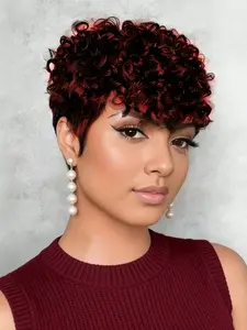 Black Short Pixie Cut Wig Curly Human Hair Wig with Bangs for Women Hair full Machine Made Wig Natural Looking Wig
