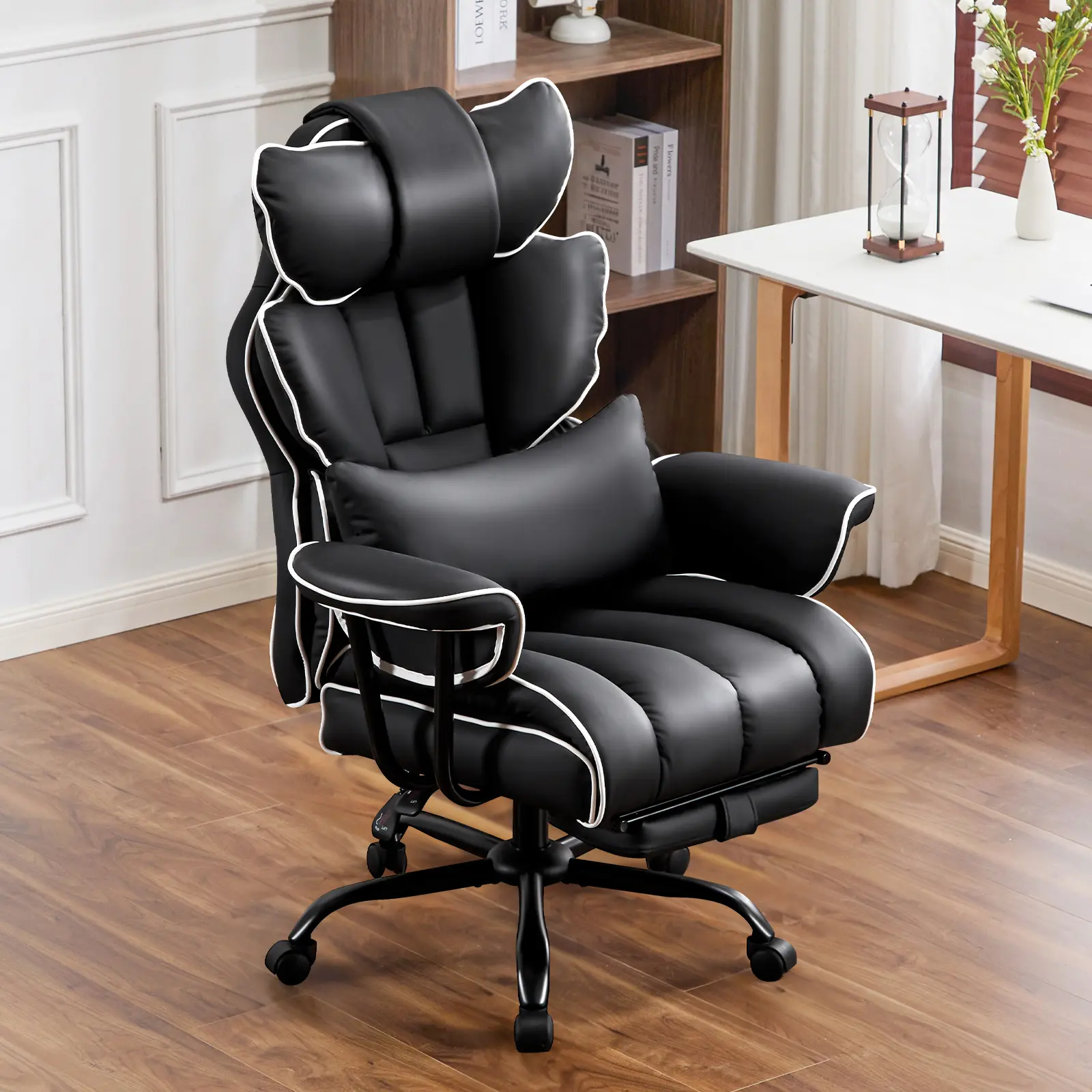 Furnimart Big and Tall Executive Leather Office Chair - Ergonomic Support Reclining Desk Chair with Footrest, Lumbar Pillow, Height-Adjustable Back for Home Office