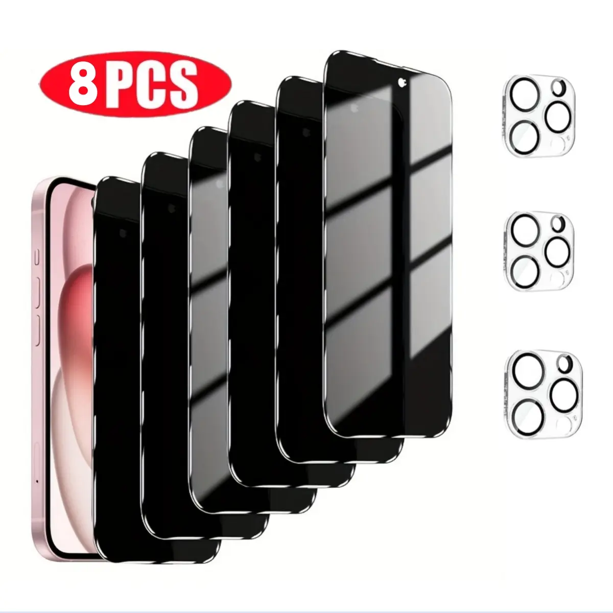 8-in-1 Privacy screen protector for is suitable for iPhone 13 15 14 16 16E Plus Pro Max 5-piece privacy screen, spy-proof, full-coverage screen, toughened glass protective film and 3-piece camera case.