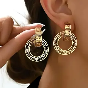 Elegant Golden Great Wall Pattern Women's Hoop Earrings - Stylish Eco-Friendly Copper,Nickel-Free,Intricate Design Perfect for Casual Wear &Gifting, Novel Daily Earrings for Girls
