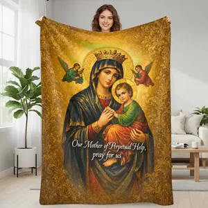 Religious Icon Fringed Flannel Blanket Holy Madonna and Child Art Print Soft Warm Durable Decorative Spiritual Comfort Elegant Design Ideal for Bedroom Living Room Prayer Corner Church Gift