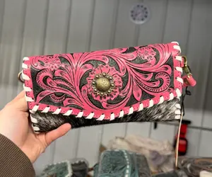 Genuine hand tooled leather & cowhide wallet with wristlet and crossbody strap option- pink