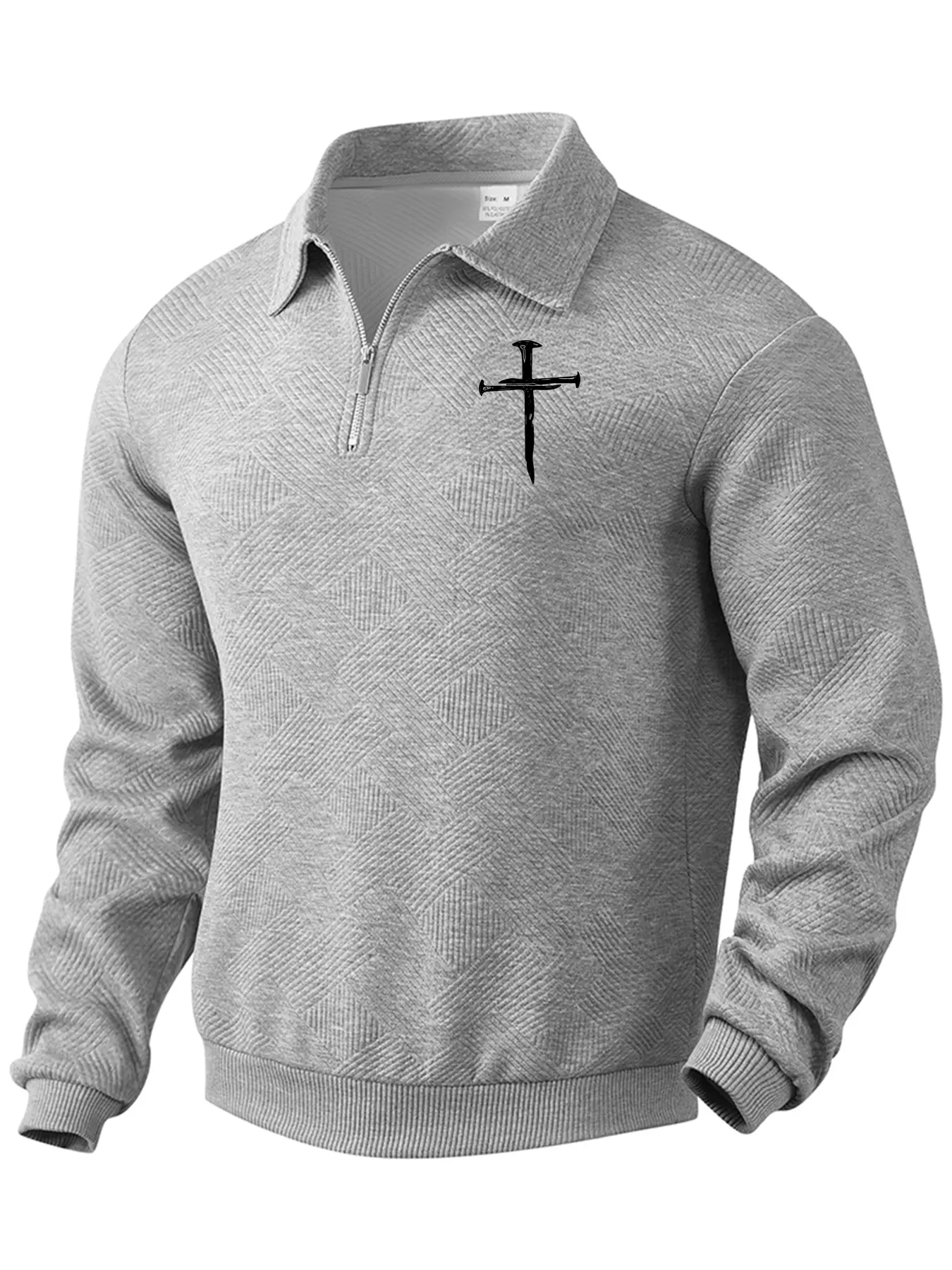 New men's solid color half-zip long sleeve hoodie, with cross print on the chest, knitted fabric, casual style, suitable for men' daily wear in autumn and winter, men's casual sports long sleeve hoodie.