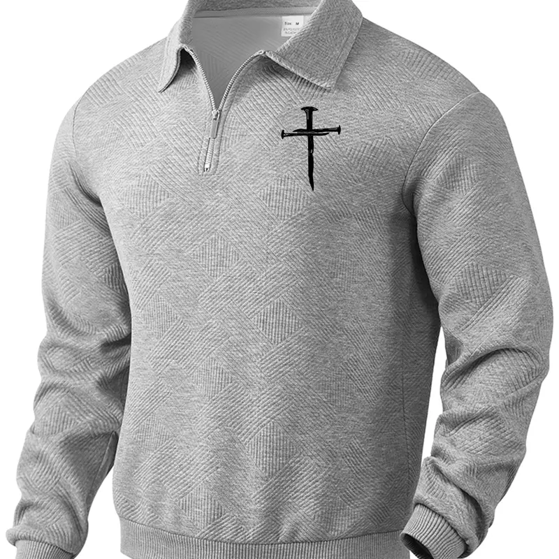 New men's solid color half-zip long sleeve hoodie, with cross print on the chest, knitted fabric, casual style, suitable for men' daily wear in autumn and winter, men's casual sports long sleeve hoodie.