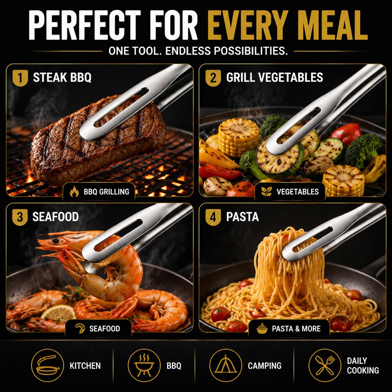 Premium 304 Stainless Steel BBQ Tongs, 10.6 Inch Long Handle Grill Tongs with Anti-Slip Hollow Grip Design, Food Grade Cooking Tongs for Steak, Seafood & Outdoor BBQ