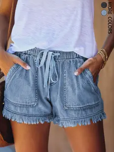 Women's Casual Fashion Adjustable Drawstring Elastic Waist Denim Shorts with Frayed Hem, Summer Comfort Fit Jean Shorts，Perfect for Daily Wear and Leisure Activities