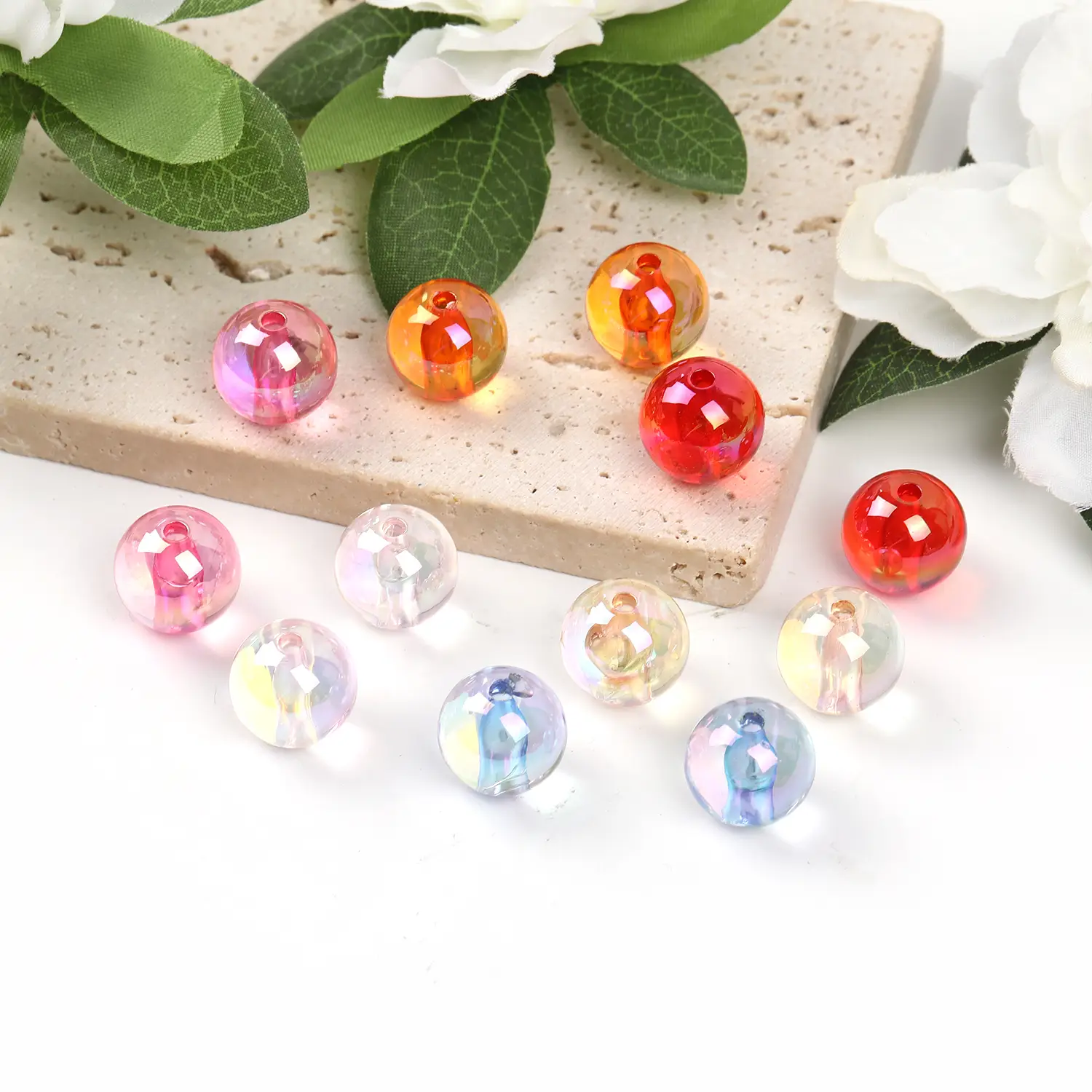 【B48】Qty 100 16mm Acrylic through hole round beads straight hole transparent UV electroplated beads diy jewelry material