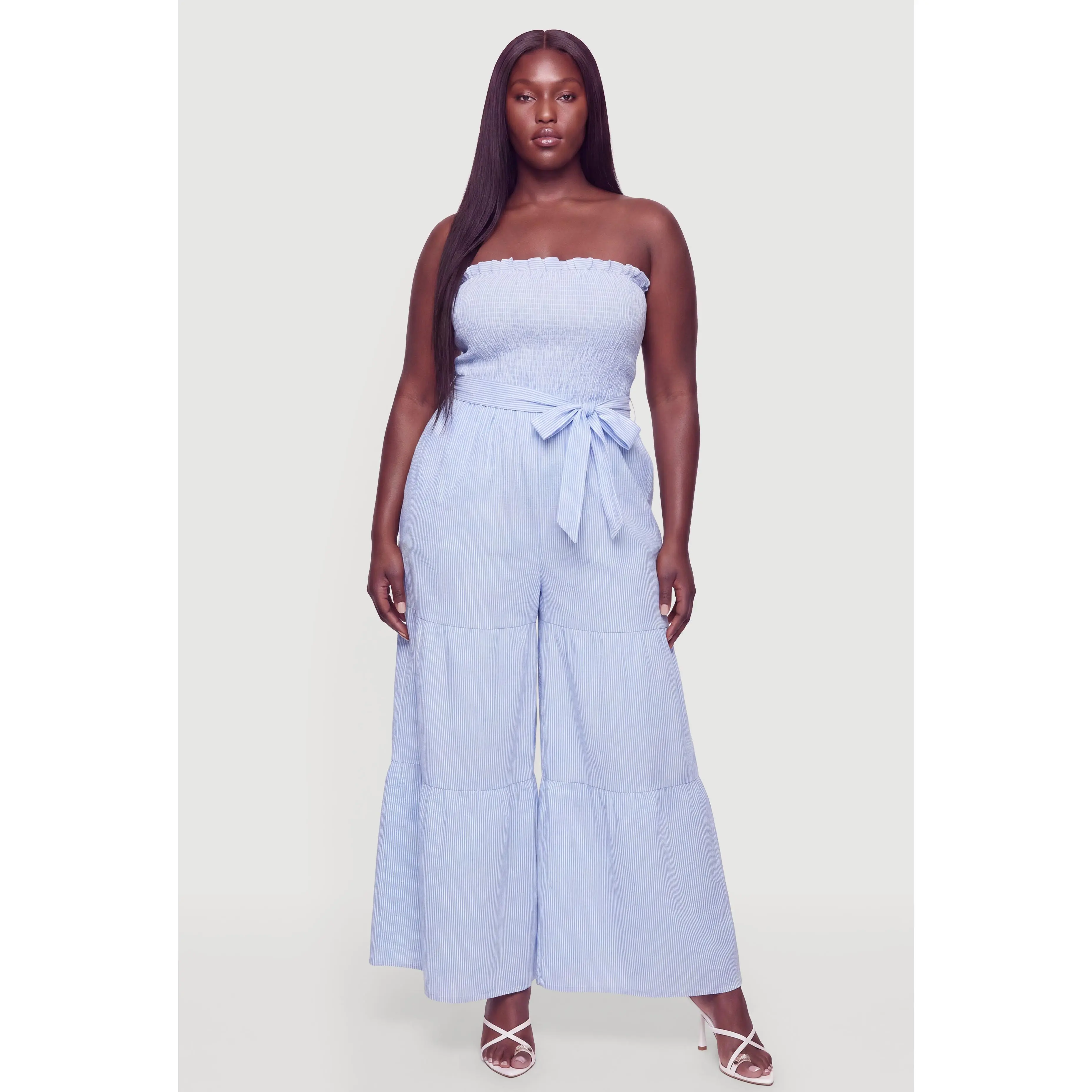 Plus Size Striped Tie Waist Belted Strapless Jumpsuit