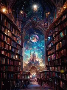 AIBOERL 5D Full Drill Square & Round Gems DIY Diamond Painting Kit, Fantasy Magical Library Castle Moon Art Craft, Stress Relief DIY Kits for Adults, Home Wall Decor