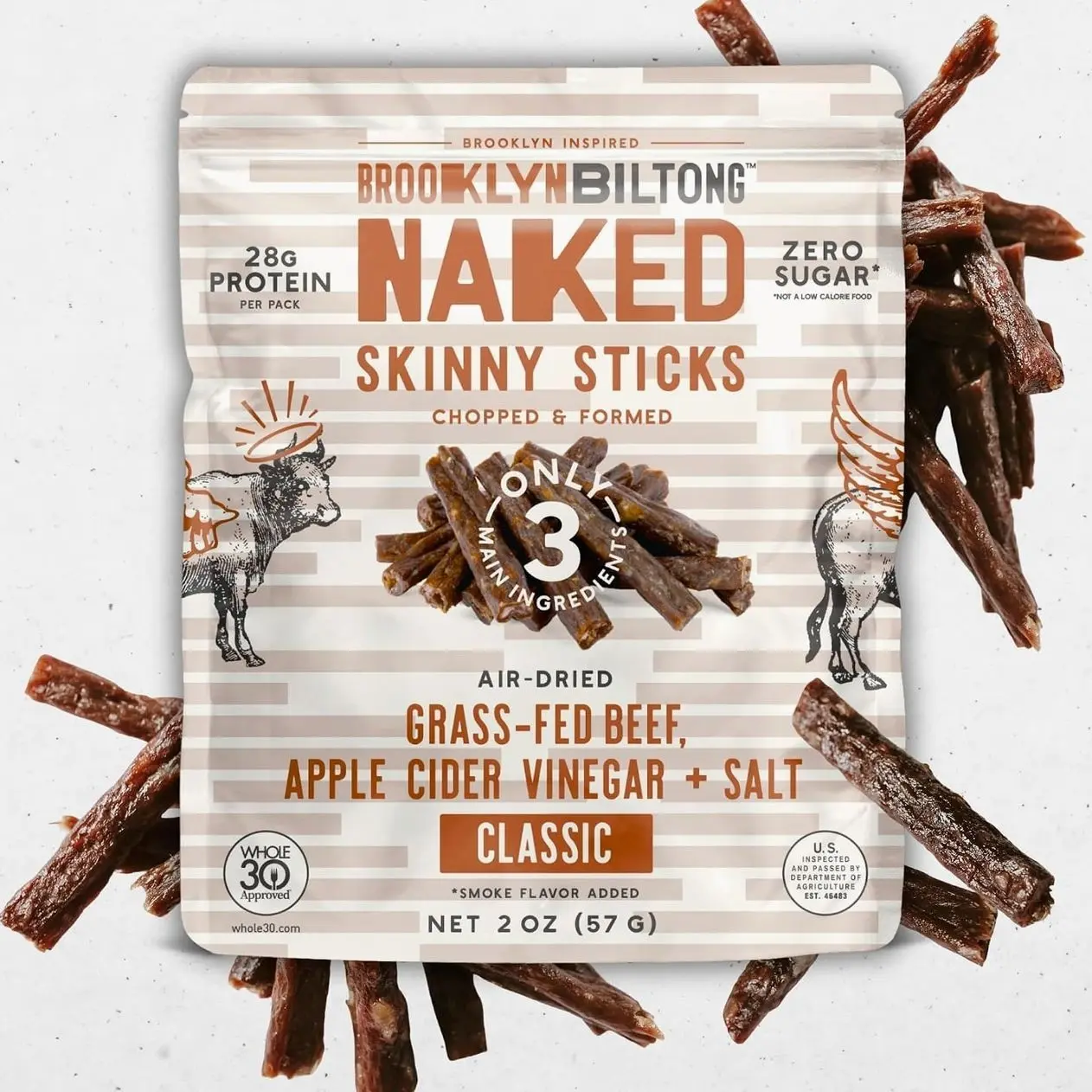 Brooklyn Biltong Naked Skinny Sticks (Naked 2 oz, Pack of 2) - Grass-Fed Biltong Beef Jerky Meat Stick - 14g High Protein Snacks - Premium Air Dried, Paleo, Keto, Gluten Free, Sugar Free - Made in USA