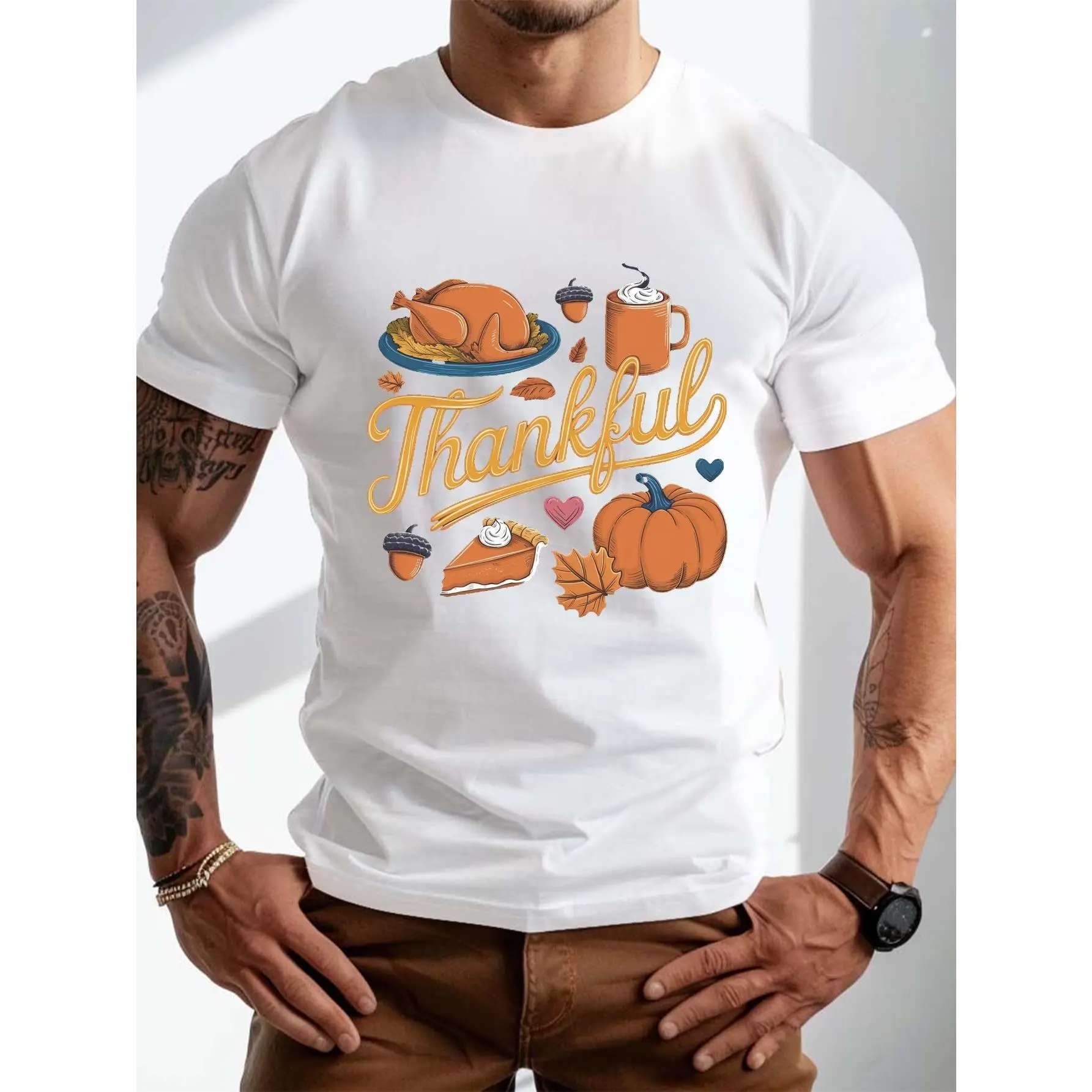Men's Plus Size White Thanksgiving T-Shirt with Turkey & Autumn Harvest Print Slim Fit Stretch Knit Crew Neck Short Sleeve All-Season Casual Shirt for Fall & Turkey Day graphic tee 90s graphic tees men's t shirts funny graphic tee good graphic tees