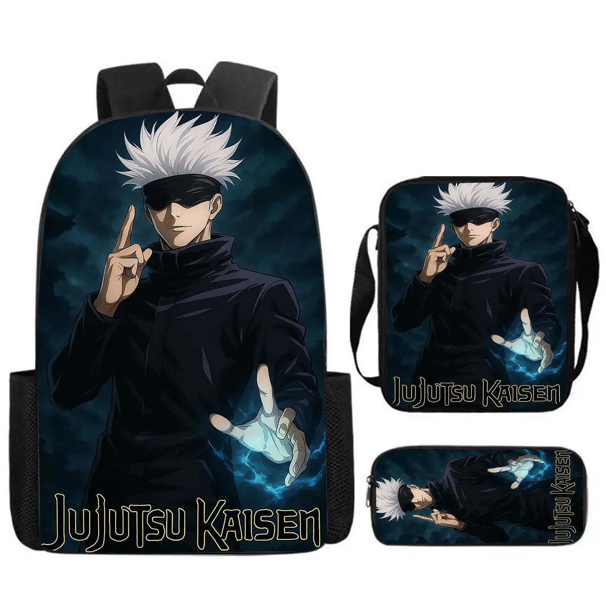 Black Printed Backpack, Jujutsu Kaisen 3Pcs Backpack Set, Gojo Satoru Anime Printed Backpack + Crossbody Bag + Pencil Case, Large Capacity Casual Travel Daypack Anime Accessory Kit For Daily Commute
