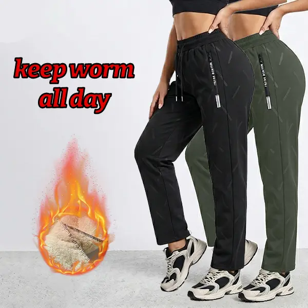 Women’s Winter Polyester Fleece-Lined Athleisure Pants - Elastic Drawcord, Ribbed Ankles, Casual Athletic Pants for Running, Home Wear, Side Zip Pocket