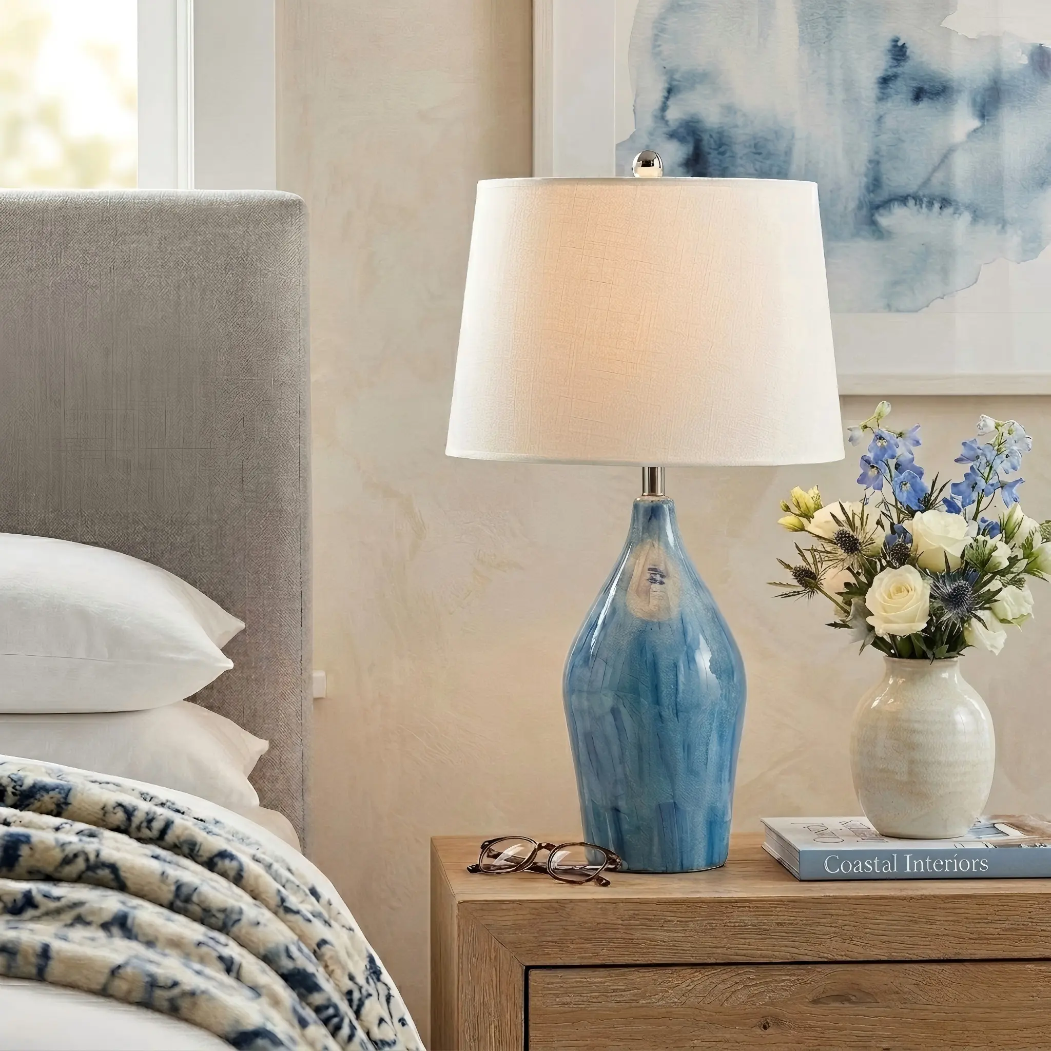 Coastal Blue Ombre Ceramic Table Lamp, Textured Glaze Base with Fabric Shade, Decor Nightstand Lamp for Bedroom & Living Room