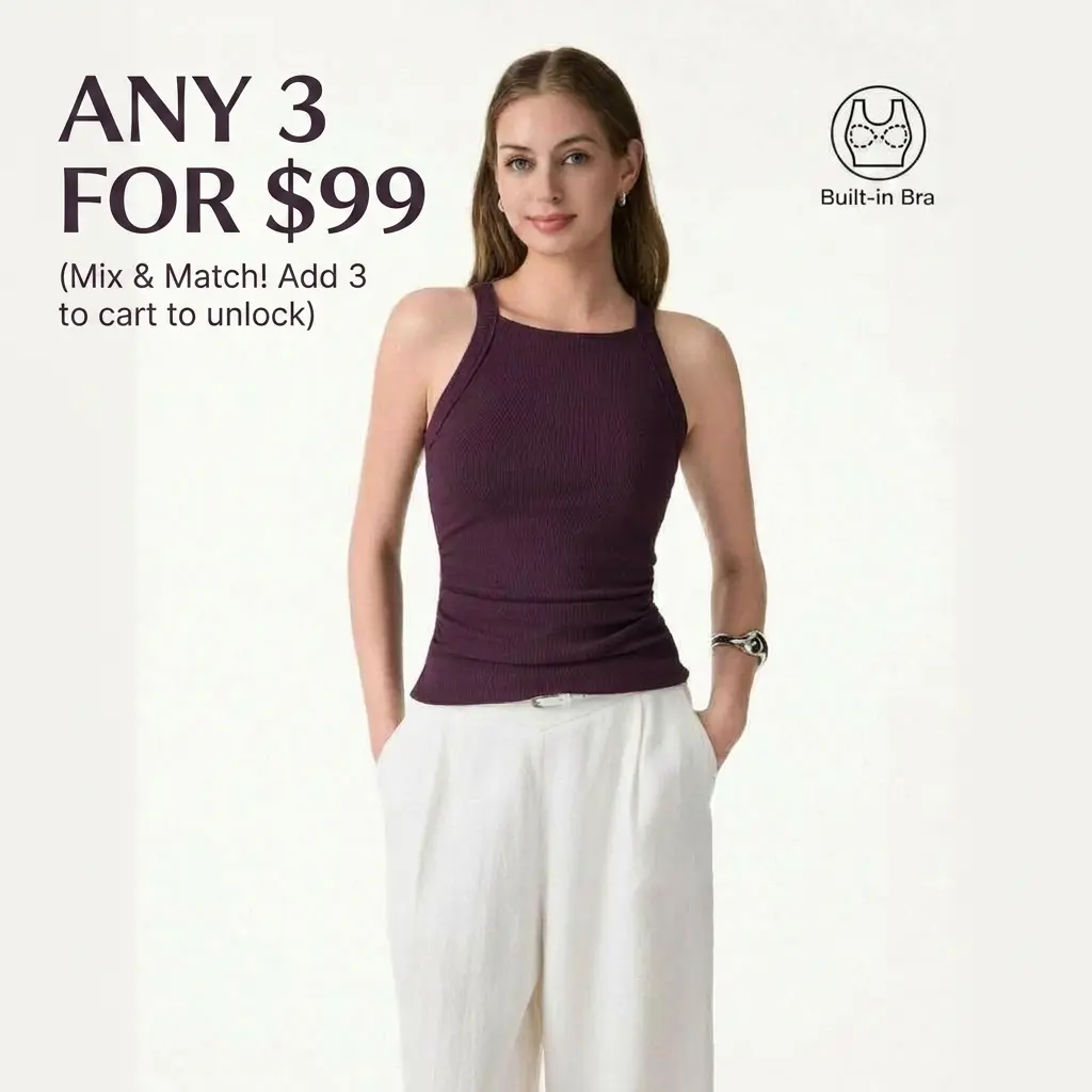 【ANY 3 FOR $99】OGL Plantive Chic Square Neck Ruched Rib Bra Tank built in bra summer cute tops women summerwins Halter Sleeveless Top Casual tank tops DealsForYouDays