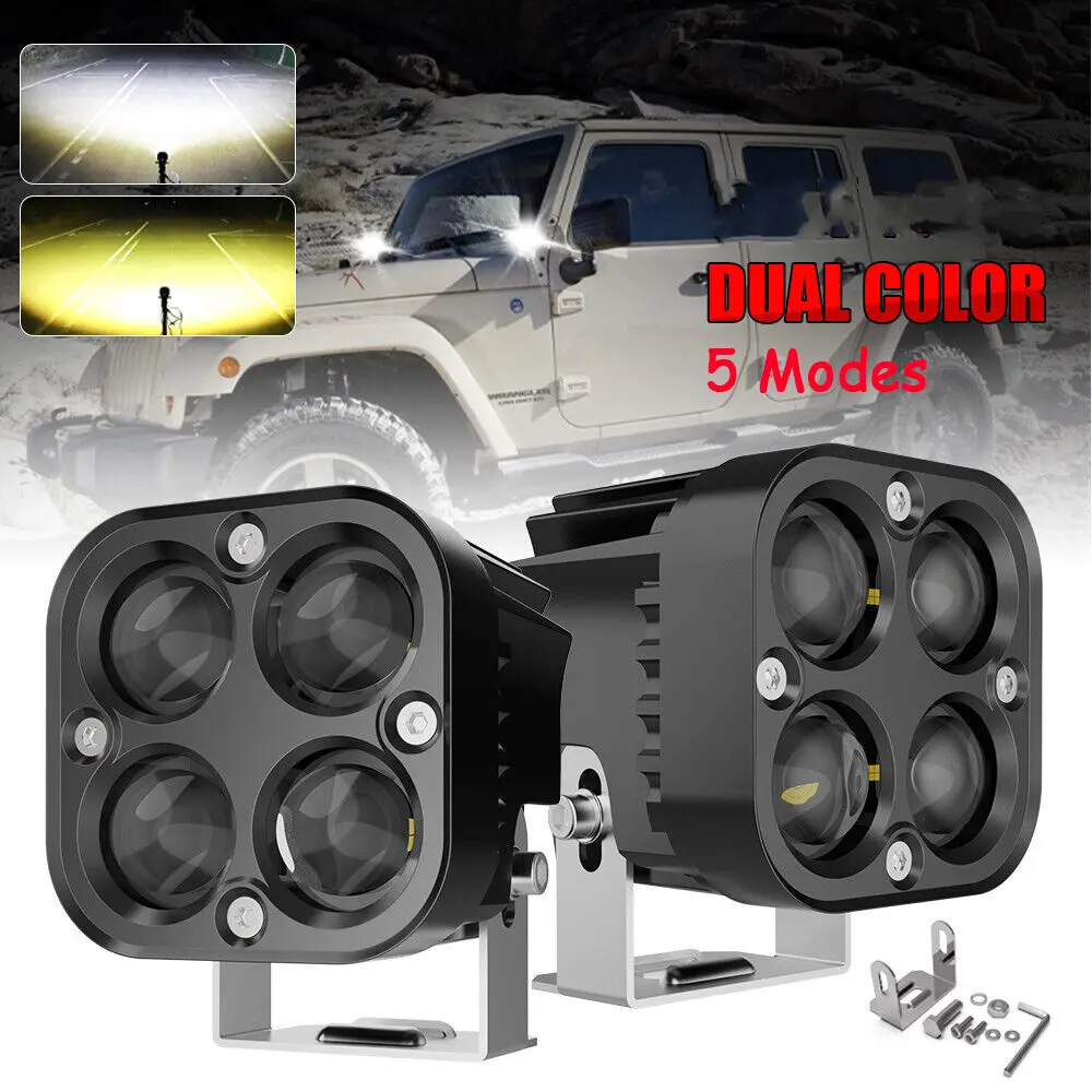 LED Offroad Lights (Pack of 2) - 40W Dual-Colors 3-In Aluminum Alloy Auxiliary Lights with Cooling, Waterproof IP68, Impact-Resist Lens, Mount Adjustable for Motorcycles, Trucks