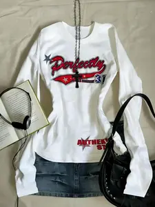 Women's Long Sleeve Graphic T-Shirt, Vintage Style with Artistic Letter Print, Comfortable Streetwear for Casual