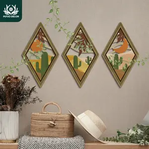 3pc Rhombus Boho Style Wooden Hanging Sign, Bohemian Modern Home Decor Wall Art for Home Farmhouse Living Room Office Studio Cafe Coffee Shop, Gift for Birthdays, Weddings, Anniversaries, Christmas, Thanksgiving, Travel Gifts, And Decorations