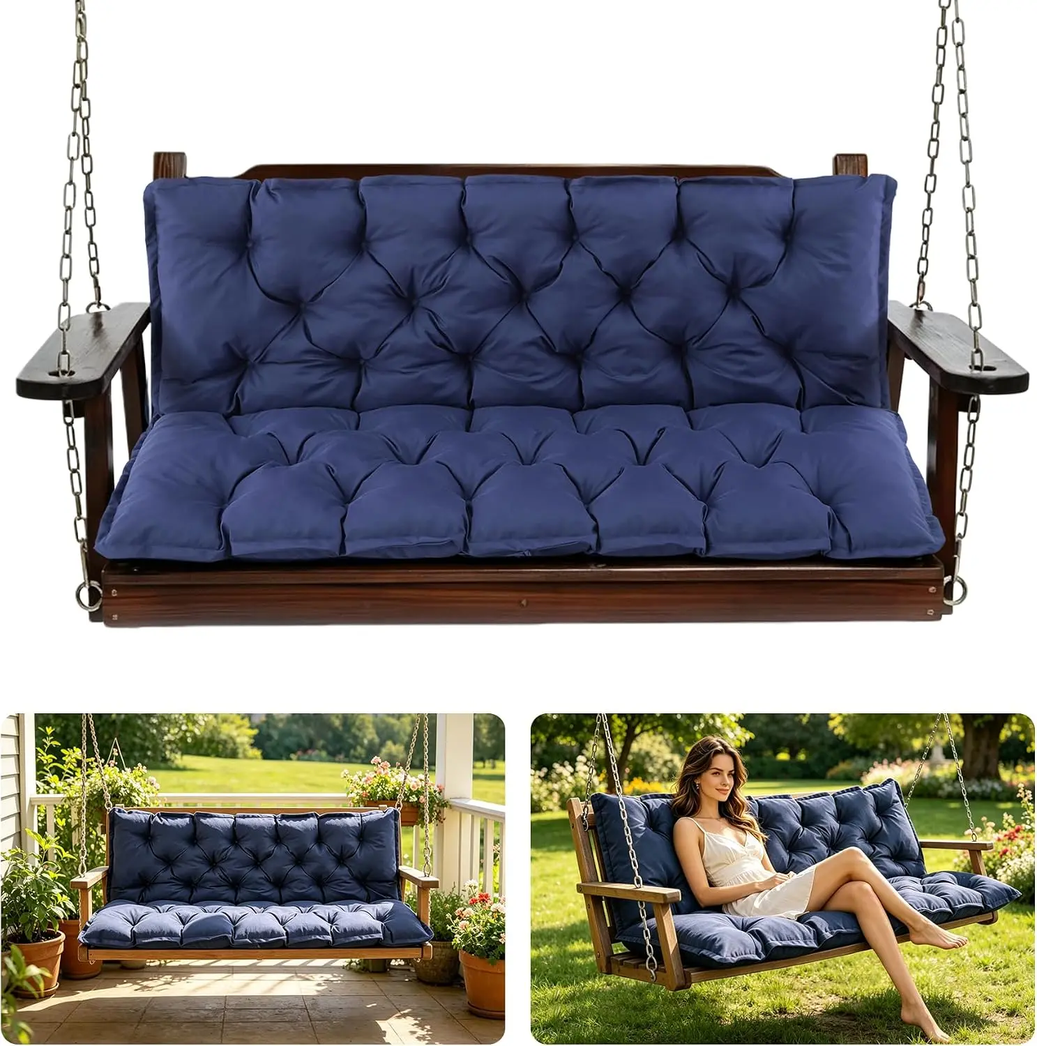 Porch Swing Cushions, 60x40 Inch Swing Cushions for Outdoor Furniture, Waterproof 3 Seater Patio Seat Cushion with Backrest, Replacement Bench Cushion for Glider, Settee, Navy Blue