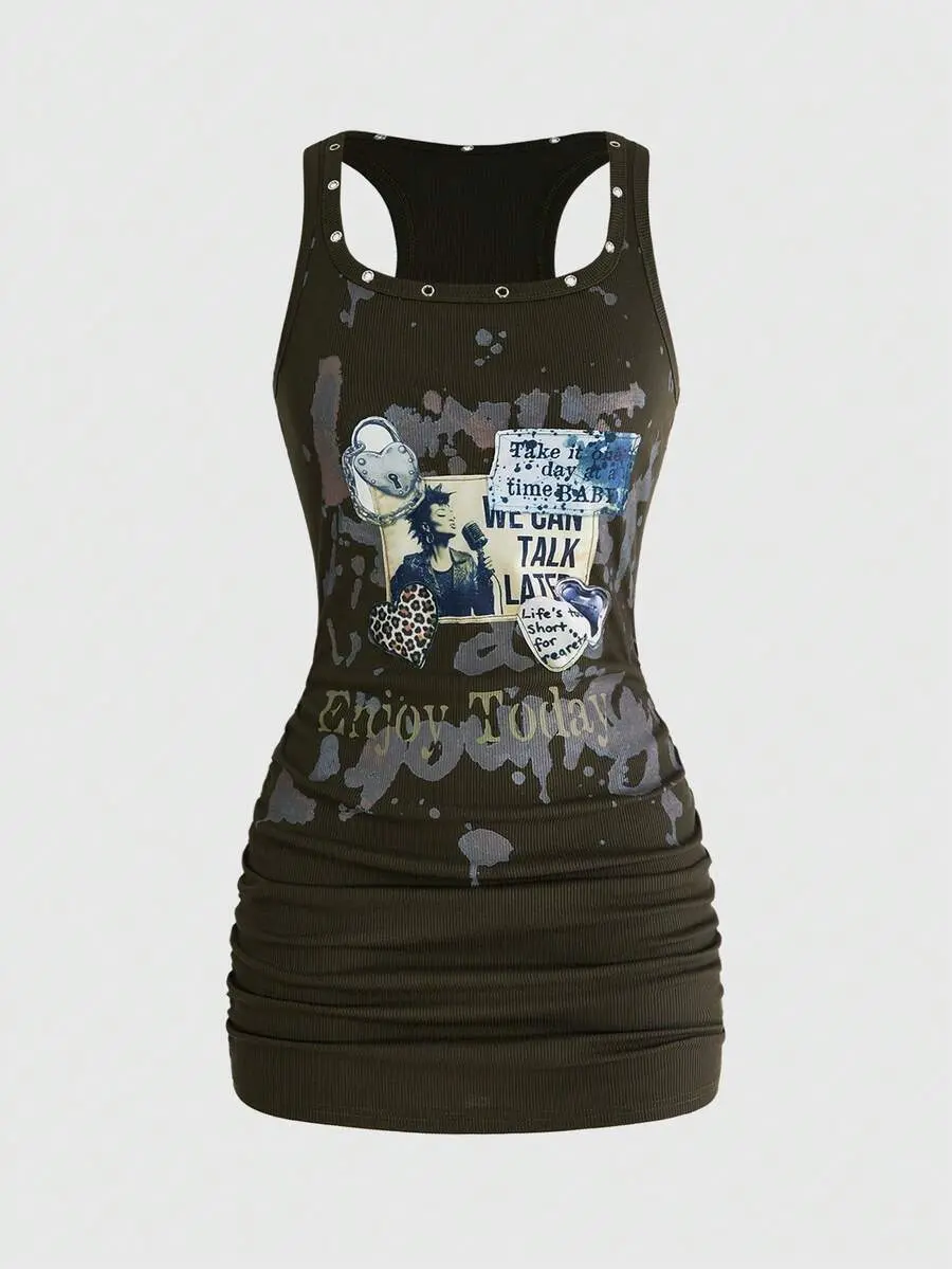 MURACHIC Grunge Punk Grunge Style Distressed Vintage Punk Metal Rivet Patchwork Embroidered Fitted Women's Tank Mini Dress