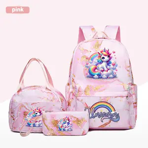 Three-Piece Backpack Set, Cute Backpack, Cartoon Rainbow Unicorn Theme, Adjustable Straps, Zip Closure, Perfect for Outdoor Travel, Daily Commute, Home Parties