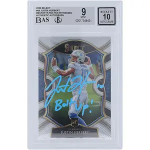 Justin Herbert Los Angeles Chargers Autographed 2020 Panini Select Light Blue Ink #44 Beckett Fanatics Witnessed Authenticated 9/10 Rookie Card with "Bolt Up!" Inscription - Fanatics Authentic Certified