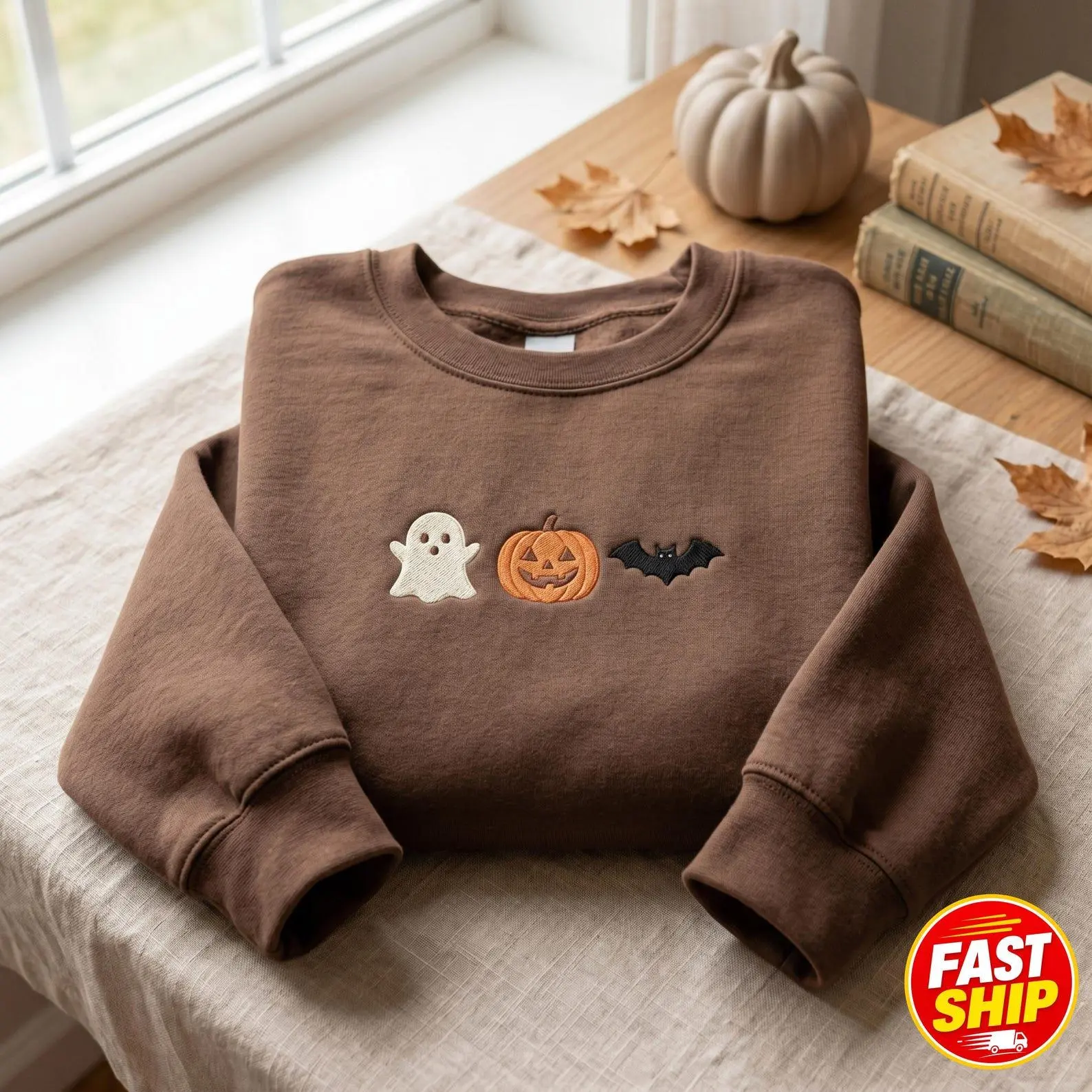 [Made in US] Cute Halloween Embroidery SweatShirt T-shirt Hoodie, Minimalist Halloween Embroidery Shirt, Spooky Season Embroidery Tee