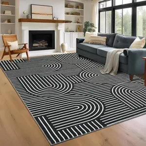 GARVEE Washable Rug 9x12 Area Rugs for Living Room, Abstract Rug for Bedroom, Soft Rainbow Non Slip Throw Rugs with Rubber Back, Low Pile Stain Resistant Boho Geometric Carpet for Dining Room, Black