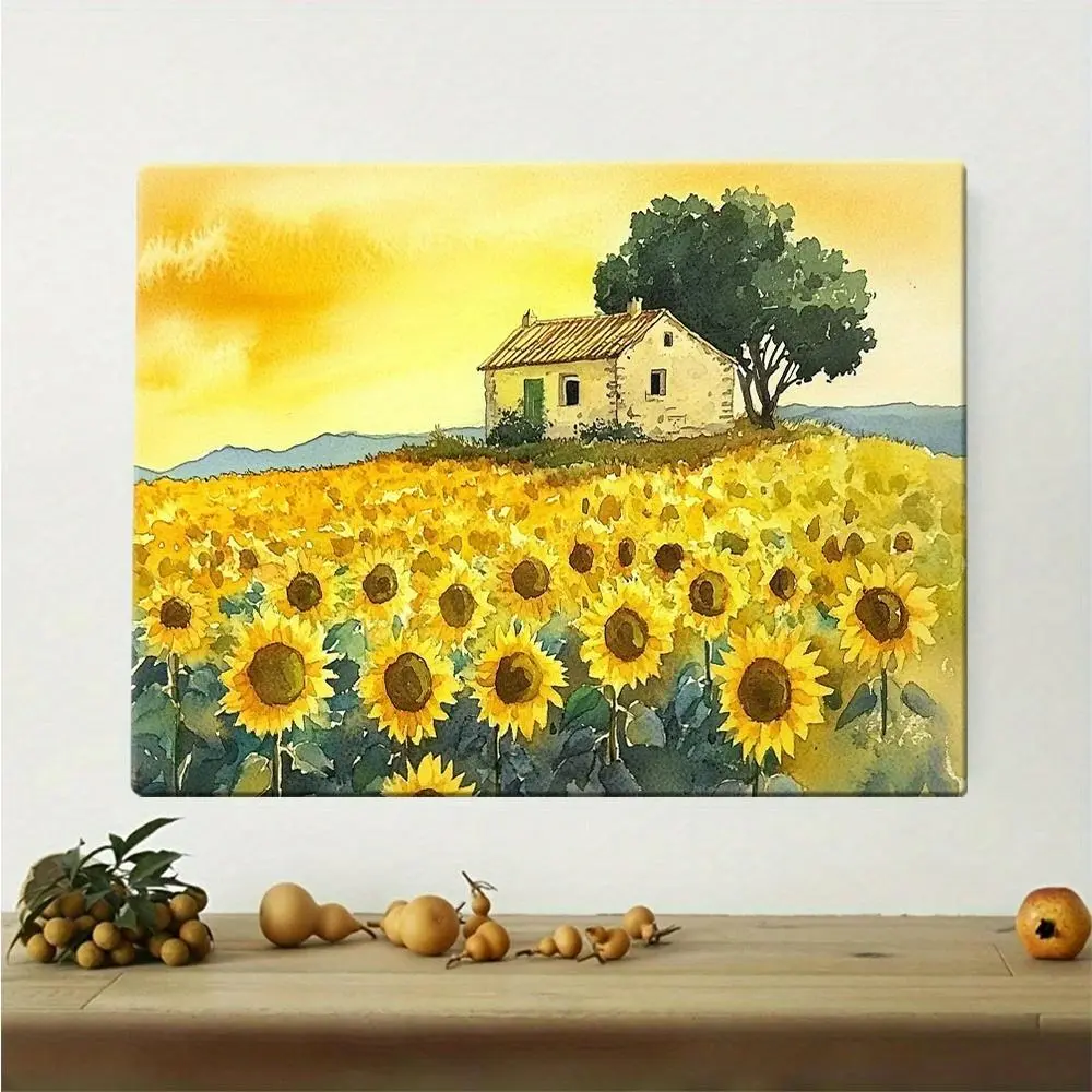 Elegant Wall Art, Framed with a Classic Wooden Border A Watercolor Painting of Sunflowers in The South of France There Perfect for Enhancing Living Rooms, Bedrooms, And Hallways	