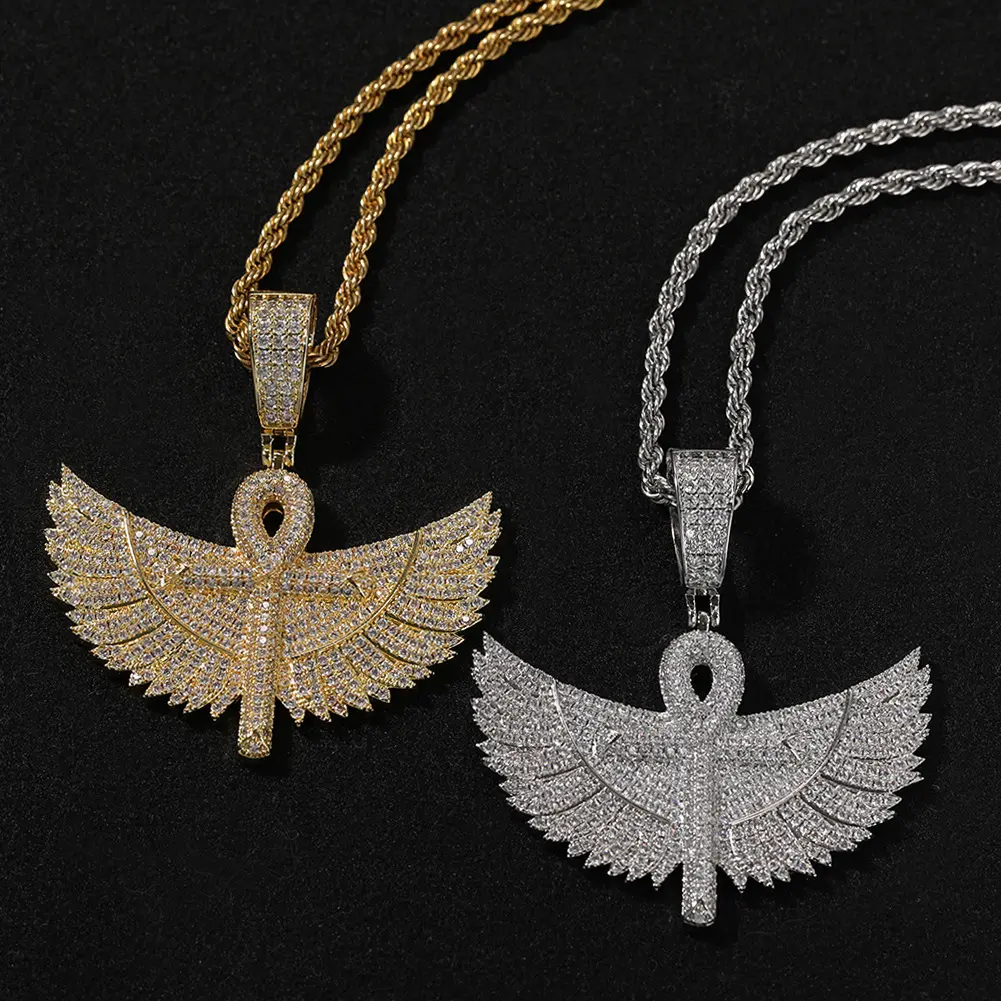 Iced Out Ankh Necklaces for Men, Hip Hop Winged Cross Diamond Studded Pendant in Gold or Silver Plate, Stylish Unisex Gift, Bling Necklace, Copper, Angel Wing Necklaces