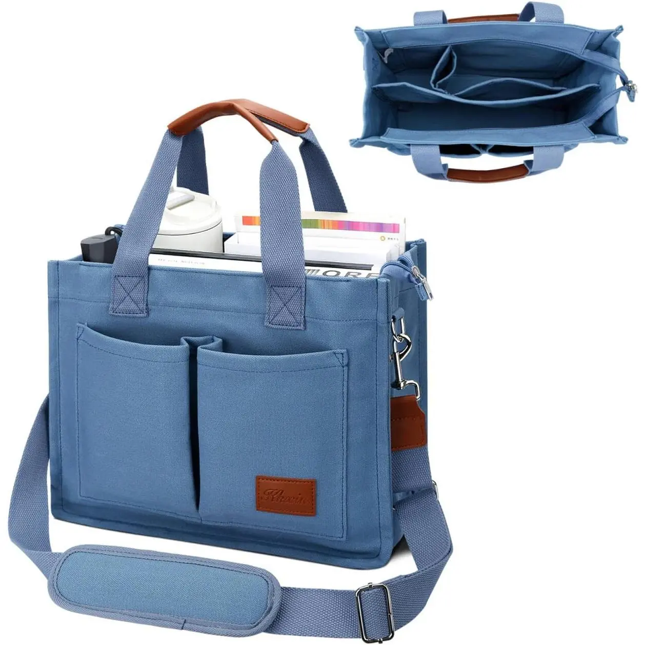 KKXIU Large Canvas Tote Bag for Women with Zipper and Compartments Crossbody Work  Messenger Purse Bag With Pockets