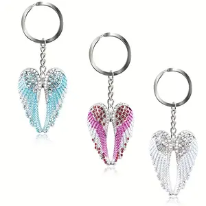 Angel Wings Pendant Keychain Inlaid Rhinestone Enamel Painted Jewelry Gift  Pink Jewellery