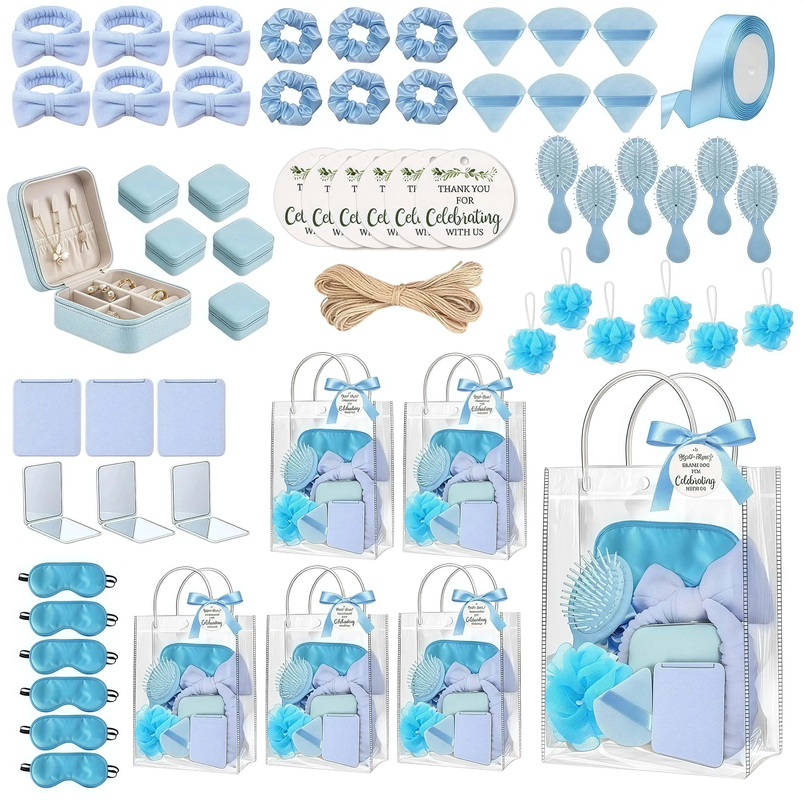 62-Piece Baby Shower Bulk Gift Items Pack - Home Supplies Party Souvenir Set with Jewelry Box, Compact Mirror, Hair Brush, Spa Headband, Gift Bags for Women Guests (Wedding, Bachelorette Celebrations)