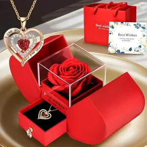 Rose Party Gift Box with Necklace, Love Heart Necklace, 1 Set Romantic Rose Gift Box with I Love You Jewel Necklace, Gift for Mom, Wife, Girlfriend, Birthday Gift Valentine's Day Gift
