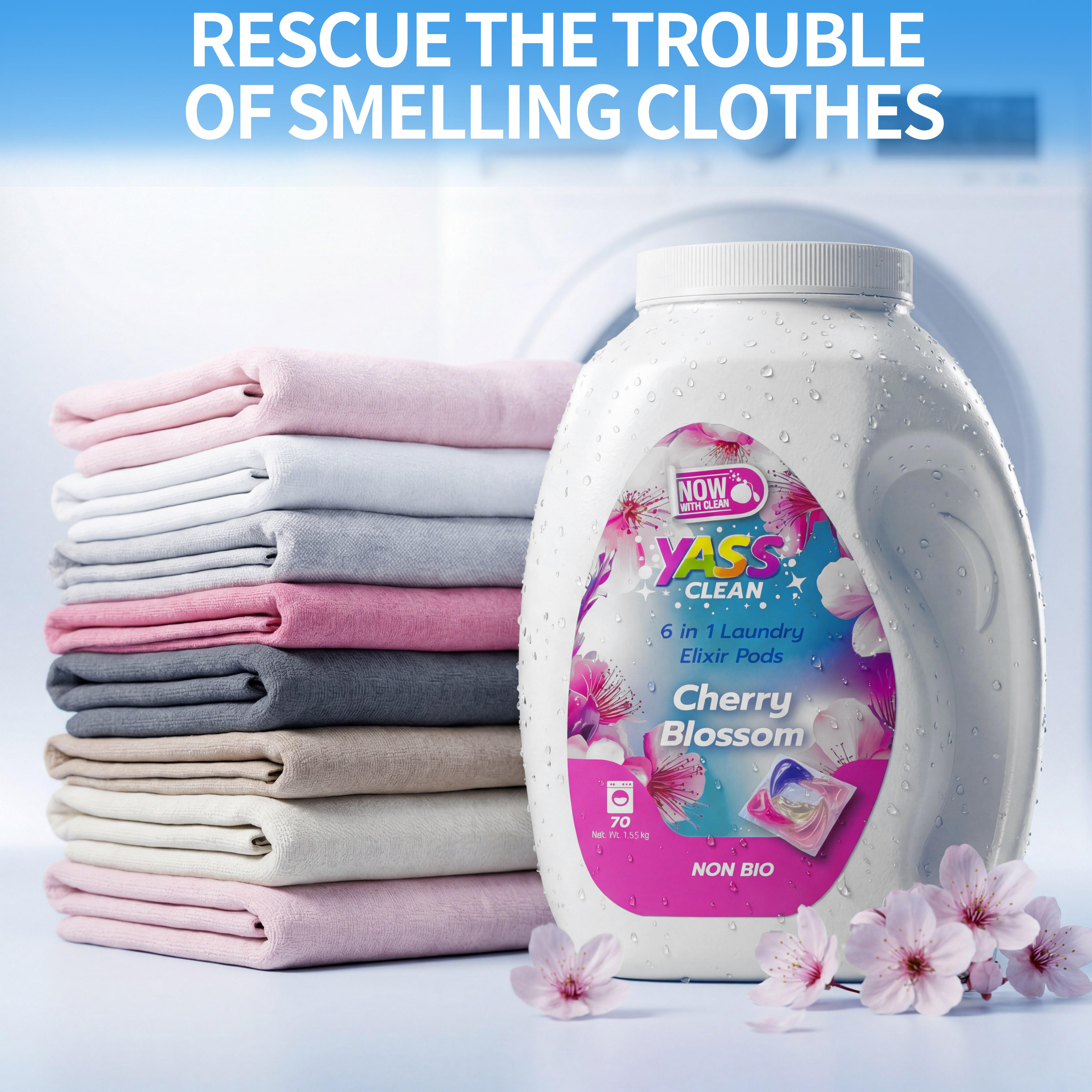 Yass Clean 6-IN-1 POWERFUL LAUNDRY DETERGENT PODS,70 pods per tub, Long-Lasting Fragrance, Portable Laundry, Cherry Blossom,Sea Breeze, Cream Coconut, Stain Removal, Antibacterial, Fabric softening, Fresh Scent Boost with Non-stop Freshness Yass Clean 6-IN-1 POWERFUL LAUNDRY DETERGENT PODS,70 pods per tub, Long-Lasting Fragrance, Portable Laundry, Cherry Blossom,Sea Breeze, Cream Coconut, Stain Removal, Antibacterial, Fabric softening, Fresh Scent Boost with Non-stop Freshness
