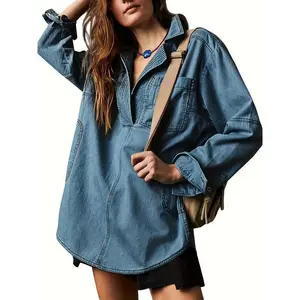 Charming Women's Denim Pullover Casual Shirt - V-Neck Design, Loose Long Sleeves, Denim Jacket Style, Intimate Pockets - For Women - Suitable for Casual Wear - Perfect Gift for Fashionable Ladies
